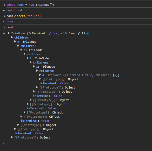 a picture of a TrieNode in the debugger showing the full path of hello
